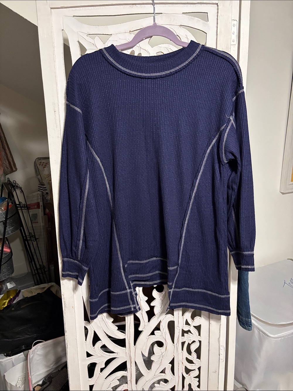 Navy Ribbed Long-Sleeve Thermal Sweater